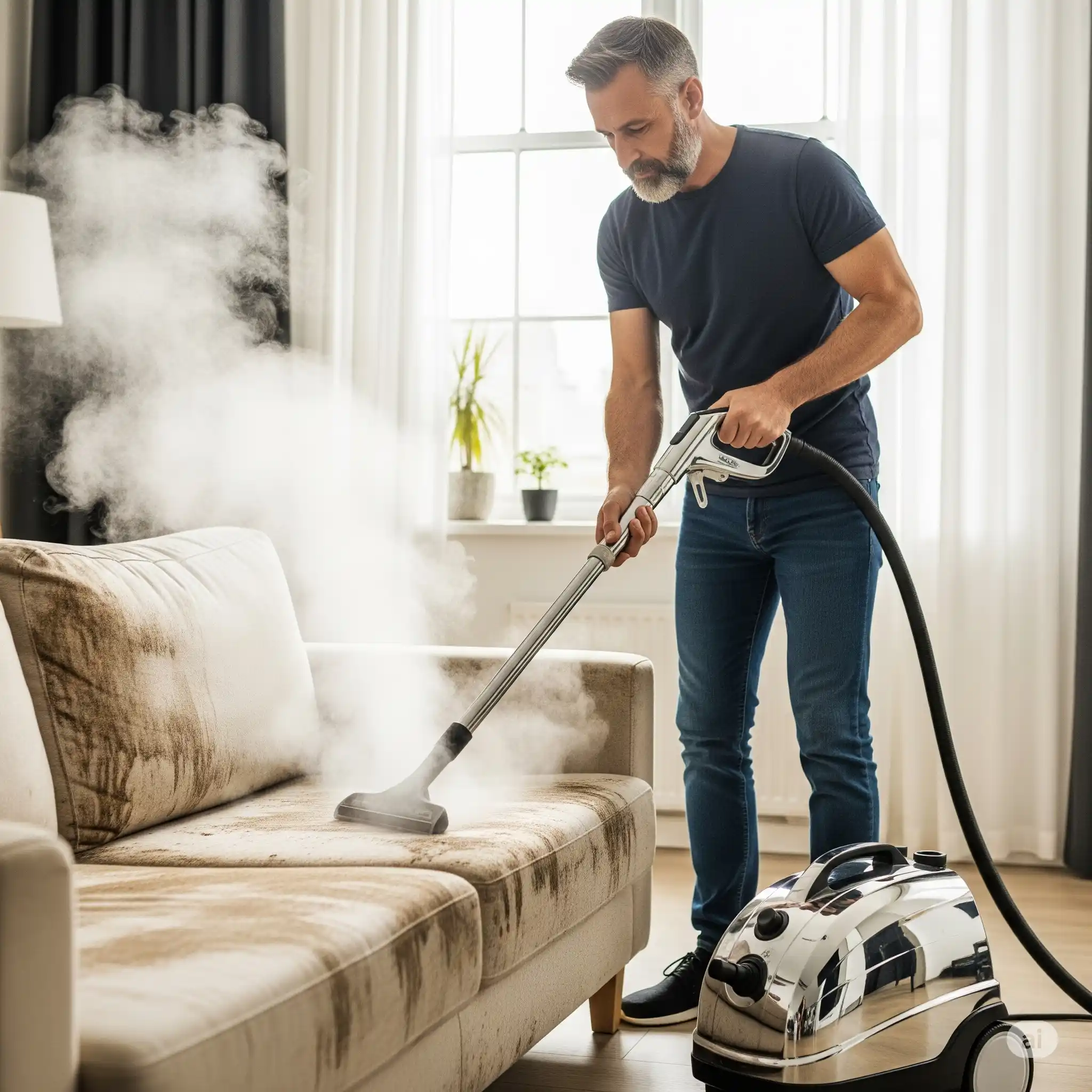 Çatalca koltuk yıkama hizmetinde profesyonel temizlik cihazı kullanan personel