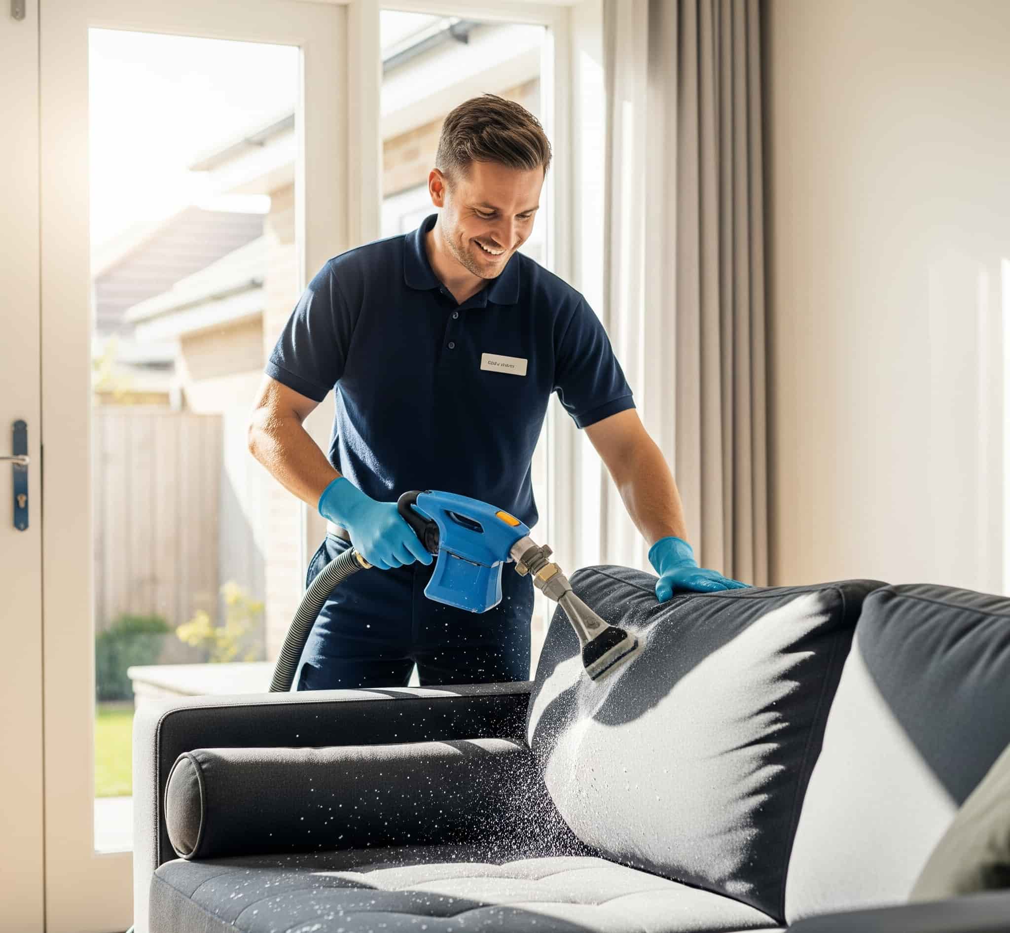 Esenler koltuk yıkama hizmetinde profesyonel temizlik cihazıyla koltuk yıkayan personel