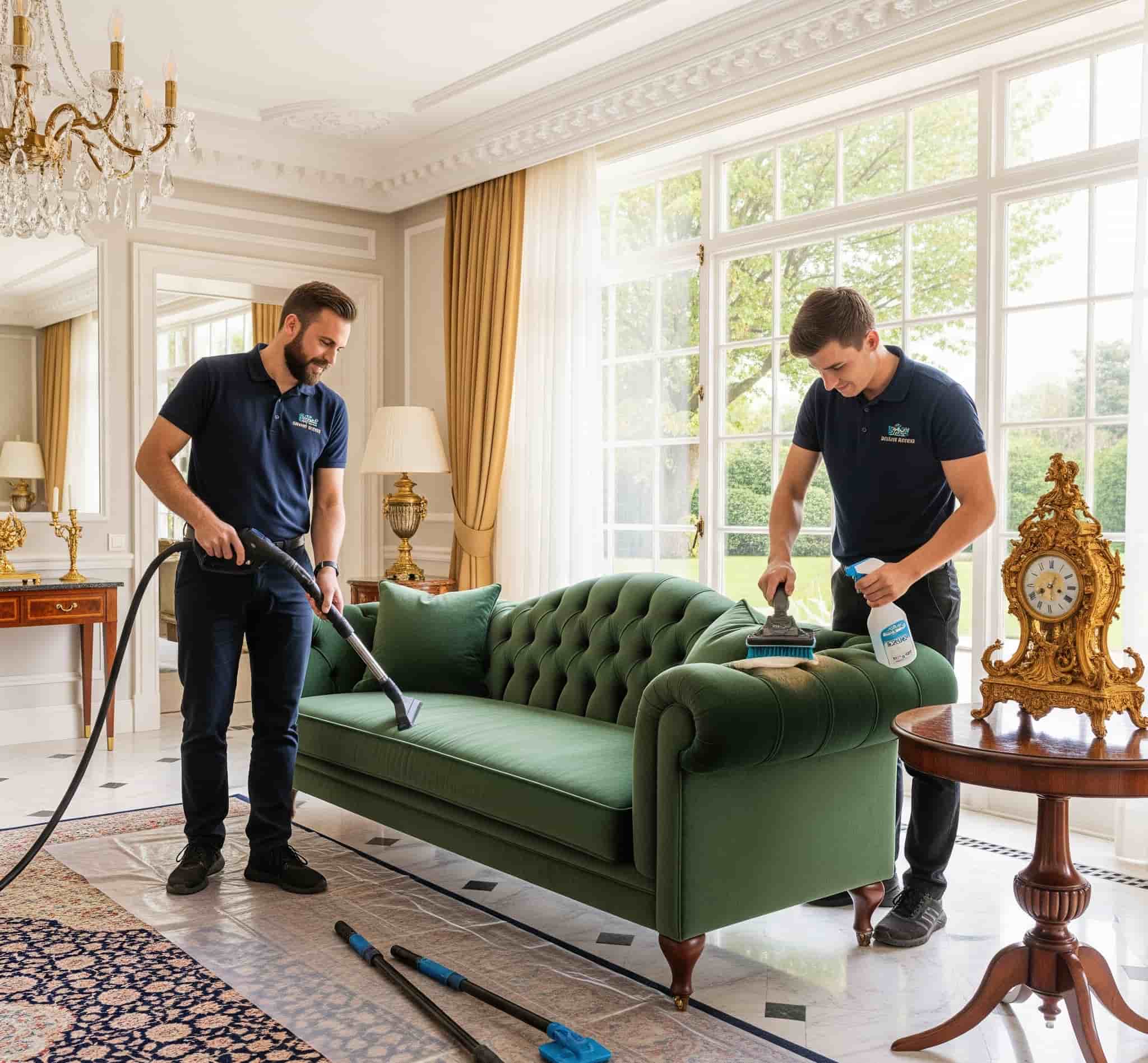 Güngören koltuk yıkama hizmeti sırasında çekyat üzerinde buharlı temizlik yapan personel