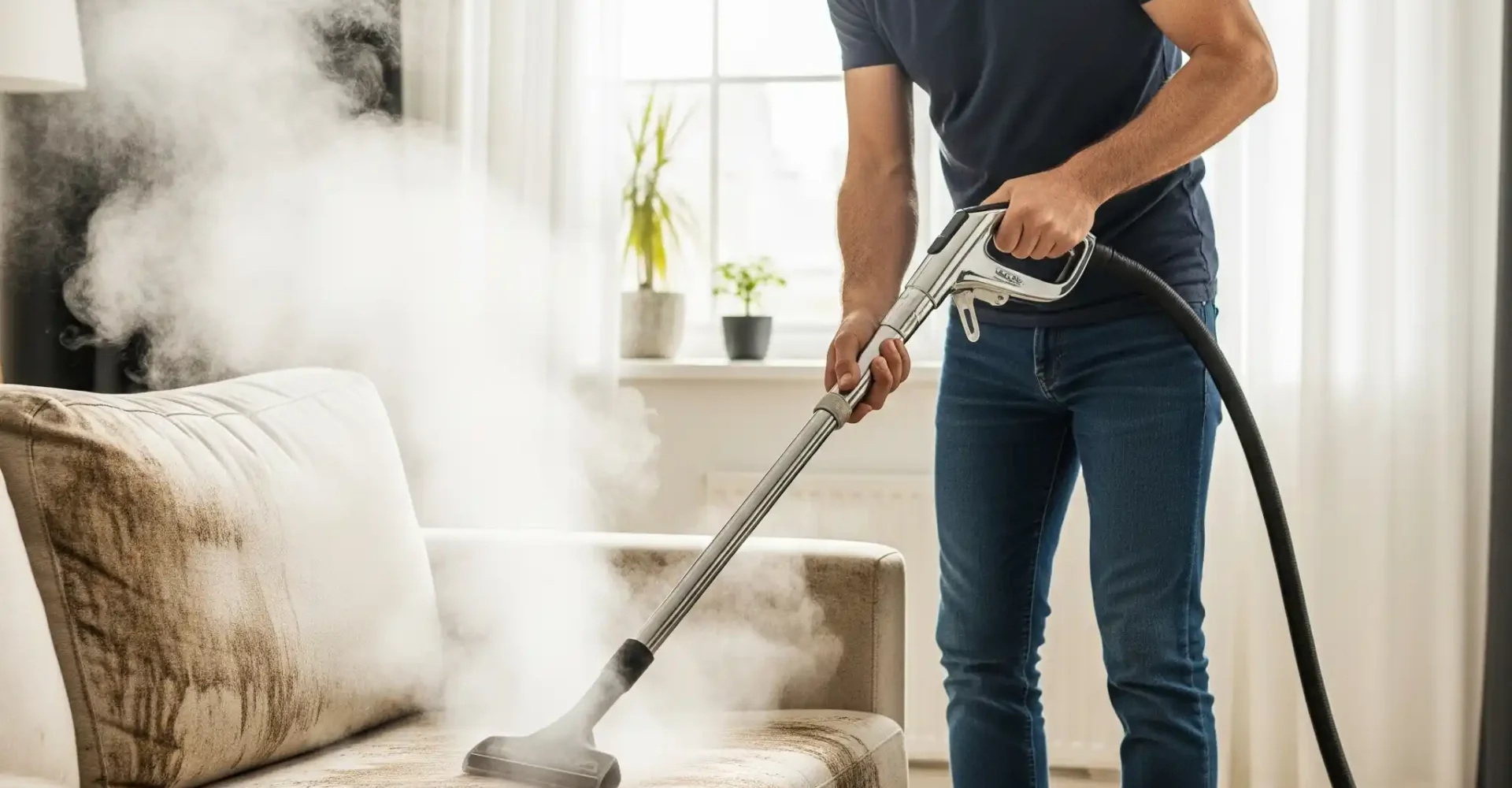 Çatalca koltuk yıkama hizmetinde profesyonel temizlik cihazı kullanan personel