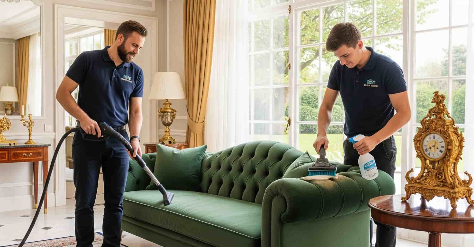 Güngören koltuk yıkama hizmeti sırasında çekyat üzerinde buharlı temizlik yapan personel